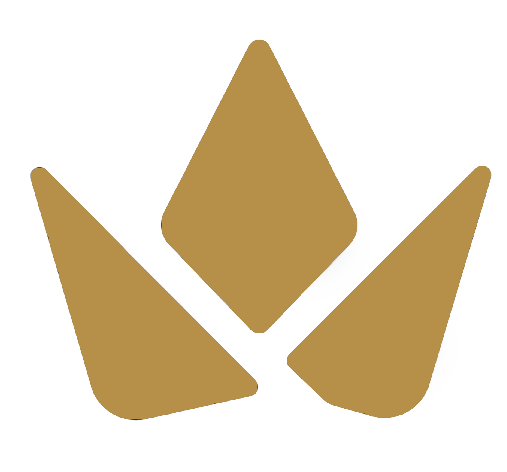 Three gold polygon shapes arranged to form a stylized crown or throne symbol on white background.